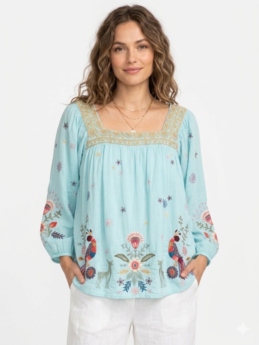 Johnny Was Embroidered Blue Boho Peasant Top w/ Square Neck Sz Large